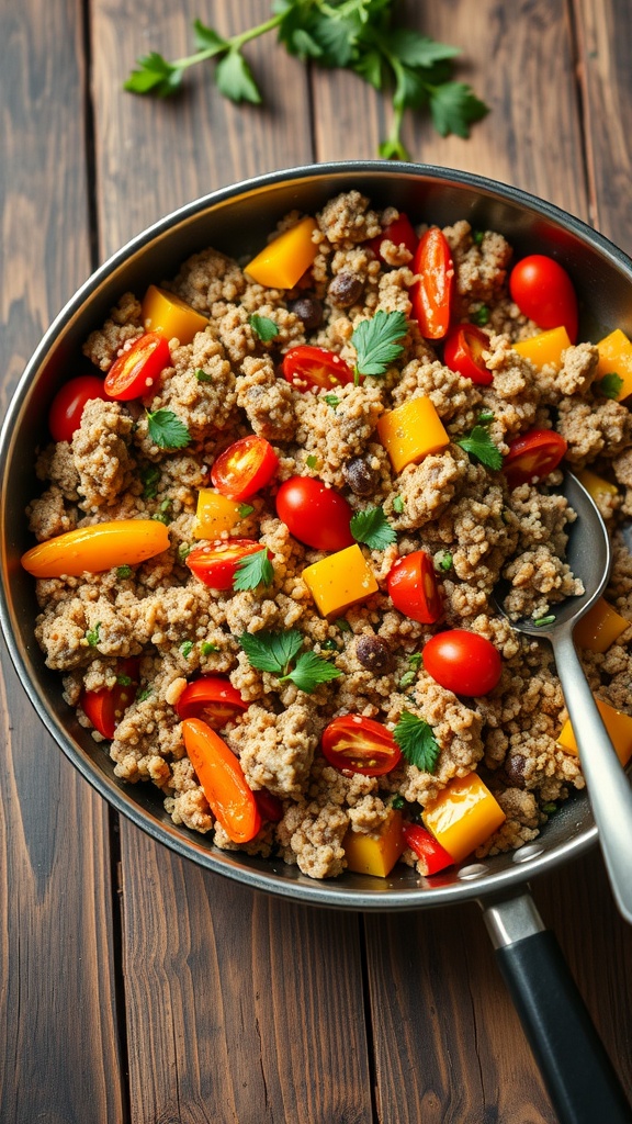 A delicious ground turkey and quinoa skillet with colorful vegetables, garnished with herbs, served on a wooden table.
